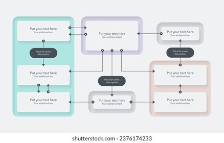 Plantilla de diagrama de flujo de procesos con cuatro secciones. Plantilla infográfica simple para la visualización de datos de proyectos.