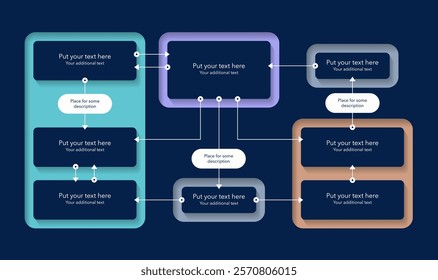 Process flow diagram template with four sections - dark version. Simple infographic template for project data visualization.