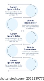 Sequência vertical infográfica do fluxo do processo. Cronograma do fluxo de trabalho. Roteiro de contação de histórias. Gráfico de informações de visualização com 5 etapas. Fluxo de trabalho de círculos