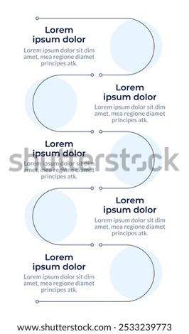 Process flow infographic vertical sequence. Workflow timeline. Storytelling roadmap. Visualization infochart with 5 steps. Circles workflow