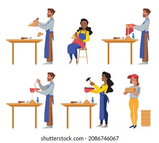 Process of footwear manufacturing - flat vector illustration isolated on white background. Set of people rasping wooden last with chisel, sewing, fixing heel with hammer and packaging in boxes.