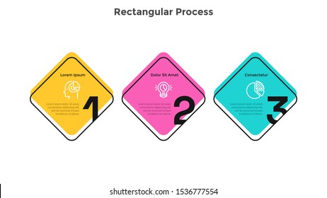 Process graph with 3 square elements with figures. Concept of three successive steps of startup development and progress. Simple infographic design template. Flat vector illustration for presentation.