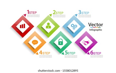 Process graph with 6 square elements. Concept of six successive steps of startup development and progress. Simple infographic design template. Vector illustration for presentation.