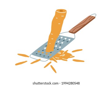 Proceso de rallar zanahoria cruda fresca con grano de mano afilado metálico. Preparar ingredientes vegetales para cocinar. Ilustración vectorial plana de la herramienta de cocina de acero aislada en fondo blanco
