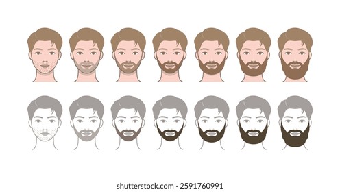 The process of growing a beard. Attractive man character with beard before and after.