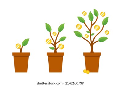 El proceso de crecimiento del dinero paso a paso. Ilustración conceptual vectorial de árboles de dinero con monedas doradas para negocios, diseño relacionado con la inversión.