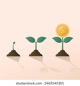 Process of growing a tree of gold coins, concept of savings, investment, or finance growing and bearing fruit