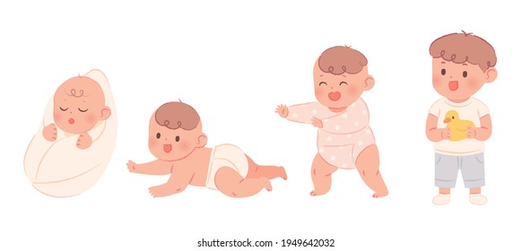 The process of growth from infant to child. Baby vector illustration isolated on white background.