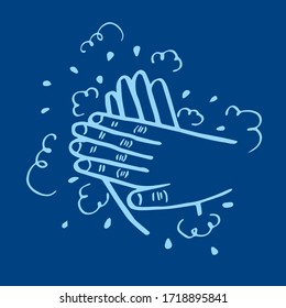 The process of hands washing. Stop Covid-19. World pandemic of coronavirus disease. Wash your hands. Health care and self hygiene. Stock vector illustration on blue background.