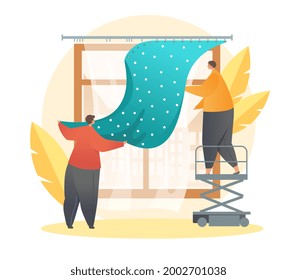 Process of hanging curtains. Two men help each other to hang tulle on the ledge. Decoration of the interior of the room. House cleaning service. Cartoon flat vector illustration on a white background