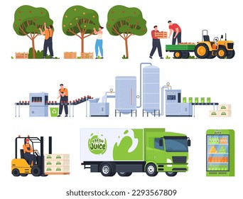 The process of harvesting apple fruits and making juice. Delicious natural drink juice different stages of production and sale. Vector illustration