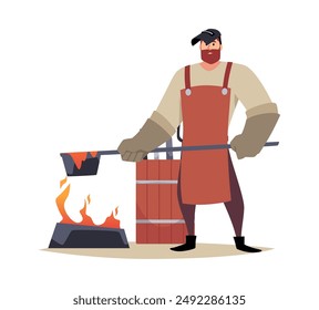 Process of heating metal raw materials. Blacksmith melts iron over a fire to then pour the liquid metal into a mold. Apron, gloves, protective mask. Vector illustration isolated on white background.