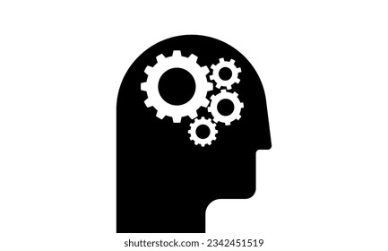 Process of human thinking. Human head gears tech logo. Human head with gear mechanism in the brain. Vector illustration. 