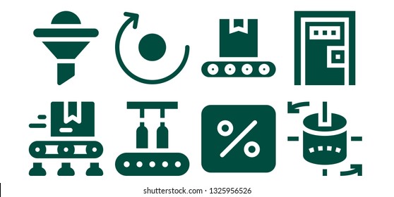 process icon set. 8 filled process icons.  Collection Of - Conveyor, Funnel, Rotate, Percentage, 3d modeling, Death penalty