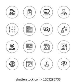 Process icon set. collection of 16 outline process icons with arroba, branding, design, creativity, flowchart, mental health, percentage, programming, selection icons.