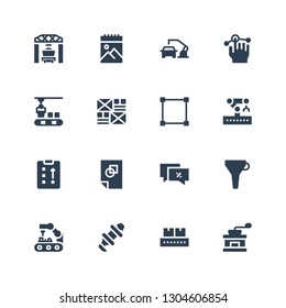 process icon set. Collection of 16 filled process icons included Coffee grinder, Conveyor, Hub, Robot arm, Funnel, Percentage, Graphic design, Strategy, Robotic arm, Transform