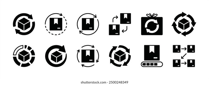 Conjunto de iconos de proceso. Conteniendo orden, paquete, paquete, paquete, y regalo. Flujo de trabajo, progreso, paso y productividad del orden. Flecha de sincronización con caja de cartón de entrega. Ilustración vectorial