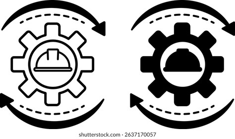 Process Icons. Black and White Vector Illustrations. Construction Hard Hat and Gear. Organized Set of Sequential Actions Aimed at Achieving a Specific Goal. Engineering Concept
