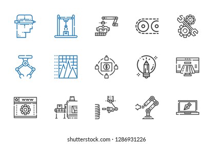 process icons set. Collection of process with design, industrial robot, conveyor, web development, payment method, creative, crowdfunding. Editable and scalable process icons.