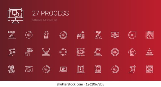 process icons set. Collection of process with percentage, workflow, industrial robot, design, development, graphic design, structure, conveyor. Editable and scalable process icons.