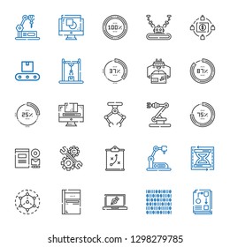 process icons set. Collection of process with workflow, binary code, design, sketchbook, modeling, load time, industrial robot, strategy. Editable and scalable process icons.