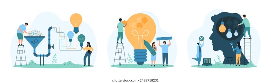 Process of idea creation and development, support in solving problem set. Tiny people work with funnel, collect puzzle pieces into light bulb, unravel wire of hanging lamps cartoon vector illustration