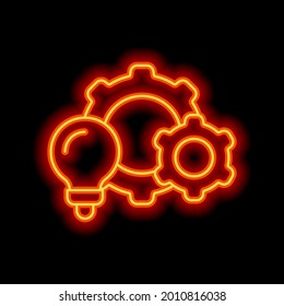Process of implementation, business icon. Orange neon style on black background. Light linear icon with editable stroke