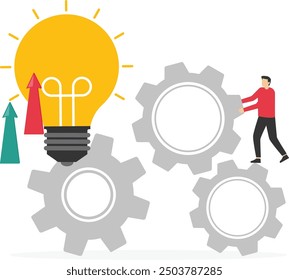 Process improvement, adjustment to improve efficiency or productivity, project progress or development to increase performance concept, businessman put gear into system to improve development process.
