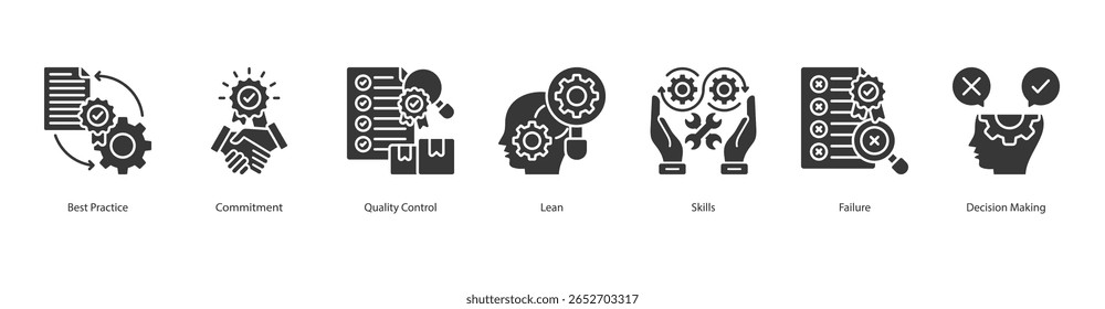 Process Improvement banner web icon set vetor illustration concept with icon of Best Practice, Commitment, Quality Control, Lean, Skills, Failure, Decision Making (Melhoria do processo: ícone da Web para definir ilustração vetorial com o ícone de prática recomendada, compromisso, controle de qualidade, inclinação, habilidades, falha, tomada de decisão)