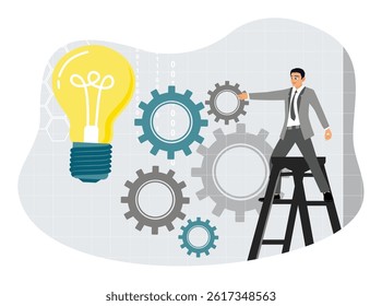 Process improvement concept. Entrepreneurs enhance the project development process with ideas and hard work. Flat vector illustration.