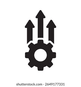 Process improvement and development icon with a gear and up arrows representing a system upgrade for better performance and productivity vector solid glyph icon
