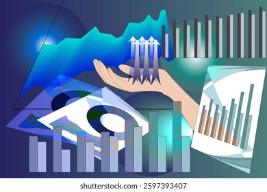 Process improvement and economic growth concept. Efficient processes, finance and business. Hand holding arrows up as a symbol of financial growth.
