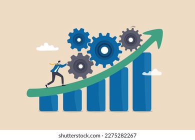 Process improvement, efficiency to increase productivity, management strategy, raising performance, quality or progress concept, businessman pushing cogwheels up on rising improvement graph diagram.