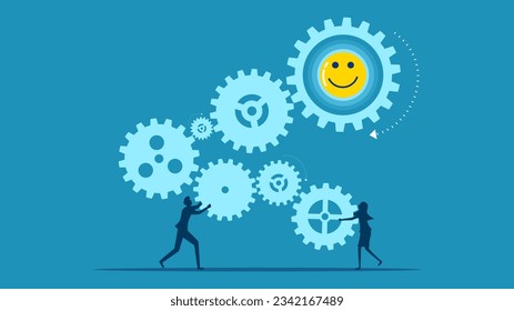 process increases happiness. Team of business people connected gears and good tempered mechanism 