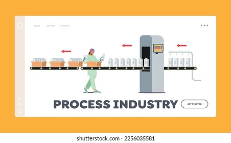 Plantilla de la página de inicio del sector de procesos. Empaquetado de alimentos lácteos, automatización industrial. Personaje de trabajadora de planta femenina toma paquetes de leche de la correa de transporte de fábrica colocada en caja. Ilustración del vector de dibujos animados