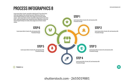 Process Infographic Circle: A 6-step circular diagram showing a central concept with surrounding stages. Perfect for illustrating interconnected processes or strategies
