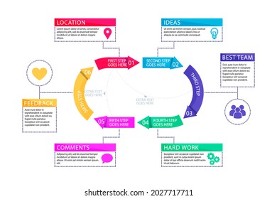 Process infographic design template. Timeline, step plan business strategy. Organization workflow sequence. Finance report presentation. Statistics productivity infochart. Vector illustration.