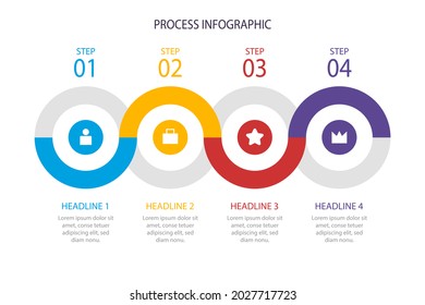 Process infographic design template. Timeline, step plan business strategy. Organization workflow sequence. Finance report presentation. Statistics productivity infochart. Vector illustration.