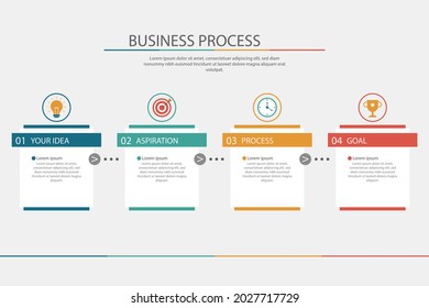 Plantilla de diseño de infografía de procesos. Línea de tiempo, estrategia de negocio de plan de pasos. Secuencia de flujo de trabajo de organización. Presentación del informe financiero. Gráfico informativo de productividad de las estadísticas. Ilustración vectorial.