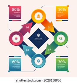 Plantilla de diseño de infografía de procesos. Línea de tiempo, estrategia de negocio de plan de pasos. Secuencia de flujo de trabajo de organización. Presentación del informe financiero. Gráfico informativo de productividad de las estadísticas. Ilustración vectorial.
