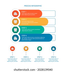 Verarbeiten Sie Infografik-Design-Vorlage. Zeitplan, Step-Plan Business-Strategie. Workflow-Sequenz der Organisation. Präsentation des Finanzberichts. Produktivitätsdaten der Statistik. Vektorgrafik.