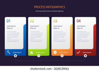 Process infographic design template. Timeline, step plan business strategy. Organization workflow sequence. Finance report presentation. Statistics productivity infochart. Vector illustration.