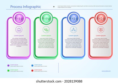 Plantilla de diseño de infografía de procesos. Línea de tiempo, estrategia de negocio de plan de pasos. Secuencia de flujo de trabajo de organización. Presentación del informe financiero. Gráfico informativo de productividad de las estadísticas. Ilustración vectorial.