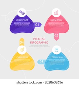 Plantilla de diseño de infografía de procesos. Línea de tiempo, estrategia de negocio de plan de pasos. Secuencia de flujo de trabajo de organización. Presentación del informe financiero. Gráfico informativo de productividad de las estadísticas. Ilustración vectorial.