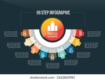 process infographic, step infographic with dark color half pie chart Elements with 10, 9, 8, 7, 6, 5, 4, 3, 2, options. business infographics concept.