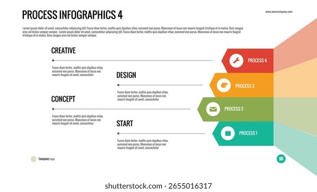 Cronograma de infográfico de processo: modelo horizontal envolvente de 4 etapas para ilustrar processos lineares, fases de projeto ou fluxos de trabalho criativos