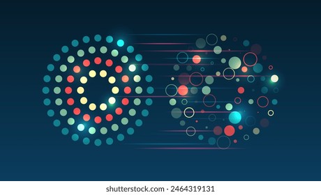 Process of information analysis. Vector illustration, information flow on a dark background. Visualization of sorting a large amount of data. 