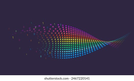 Proceso de análisis de información. Ilustración vectorial, la información fluye sobre un fondo oscuro. Inteligencia artificial, aprendizaje automático. Visualización de la ordenación de una Grande cantidad de datos. 