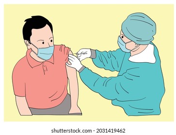 The process of injecting a covid vaccine in a man carried out by a doctor. Hand drawn style vector design illustrations.


