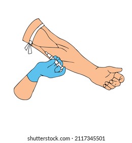 The process of injection in a vein with a syringe first aid to a person in an accident